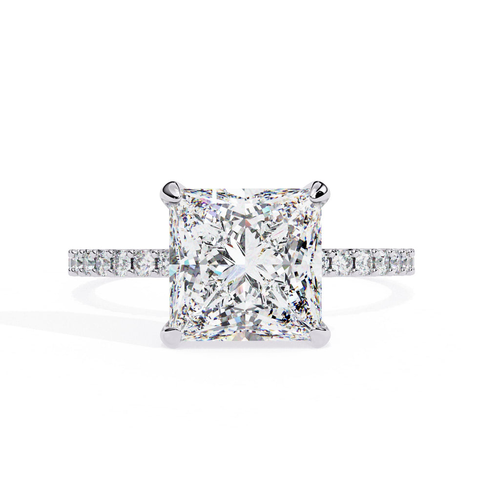 Diamond ring with a square-cut gemstone on a white background