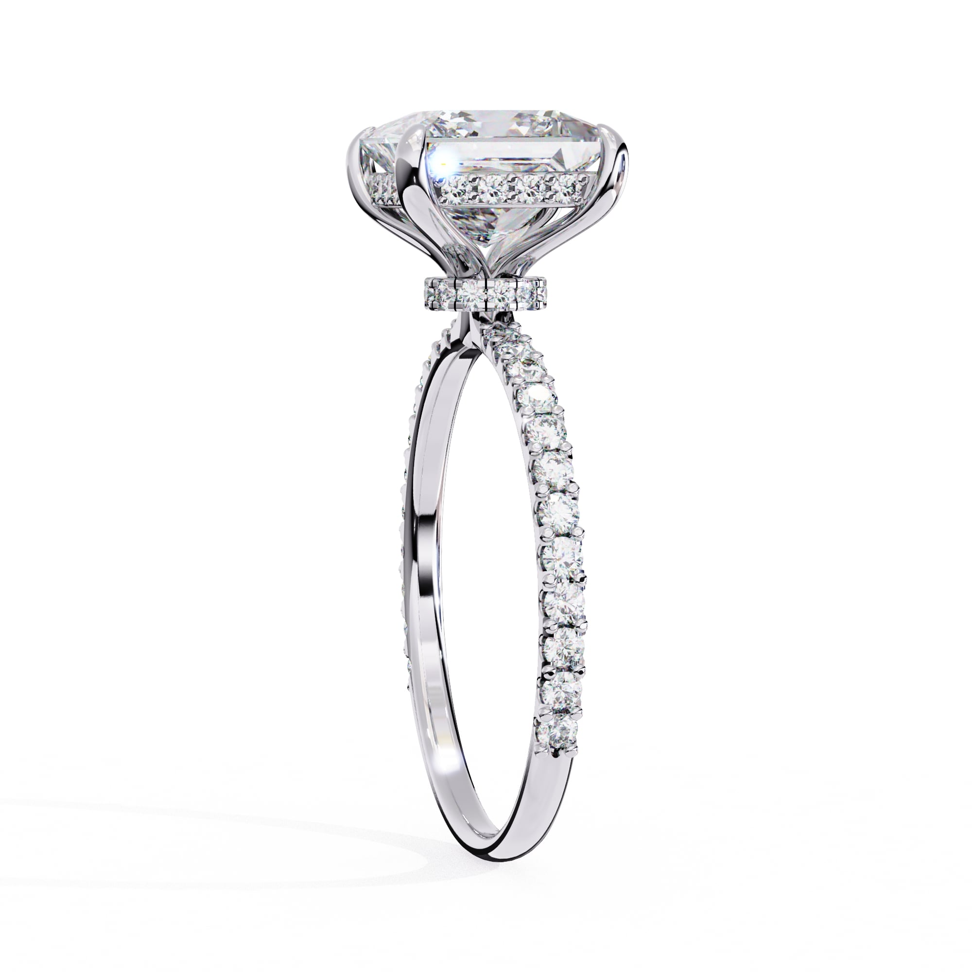 Diamond ring with a white gemstone on a white background
