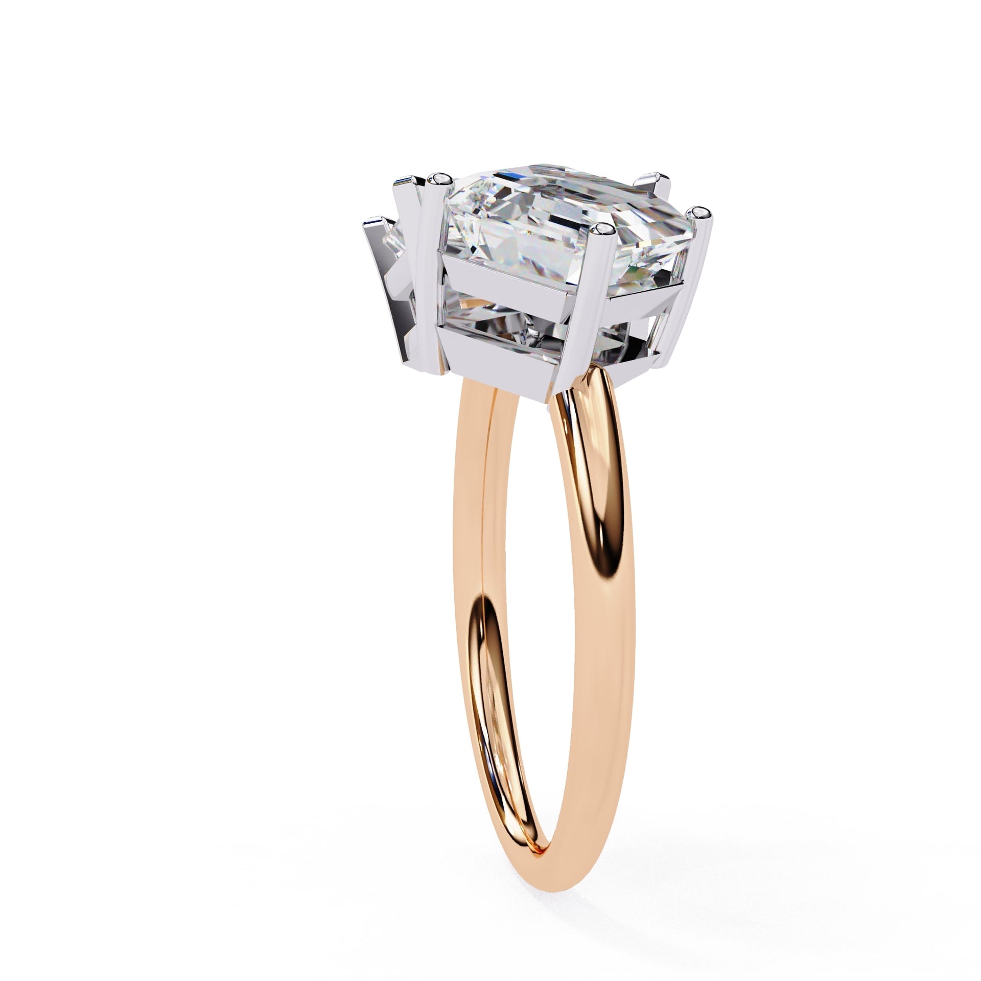 Rose gold ring with a large diamond on a white background