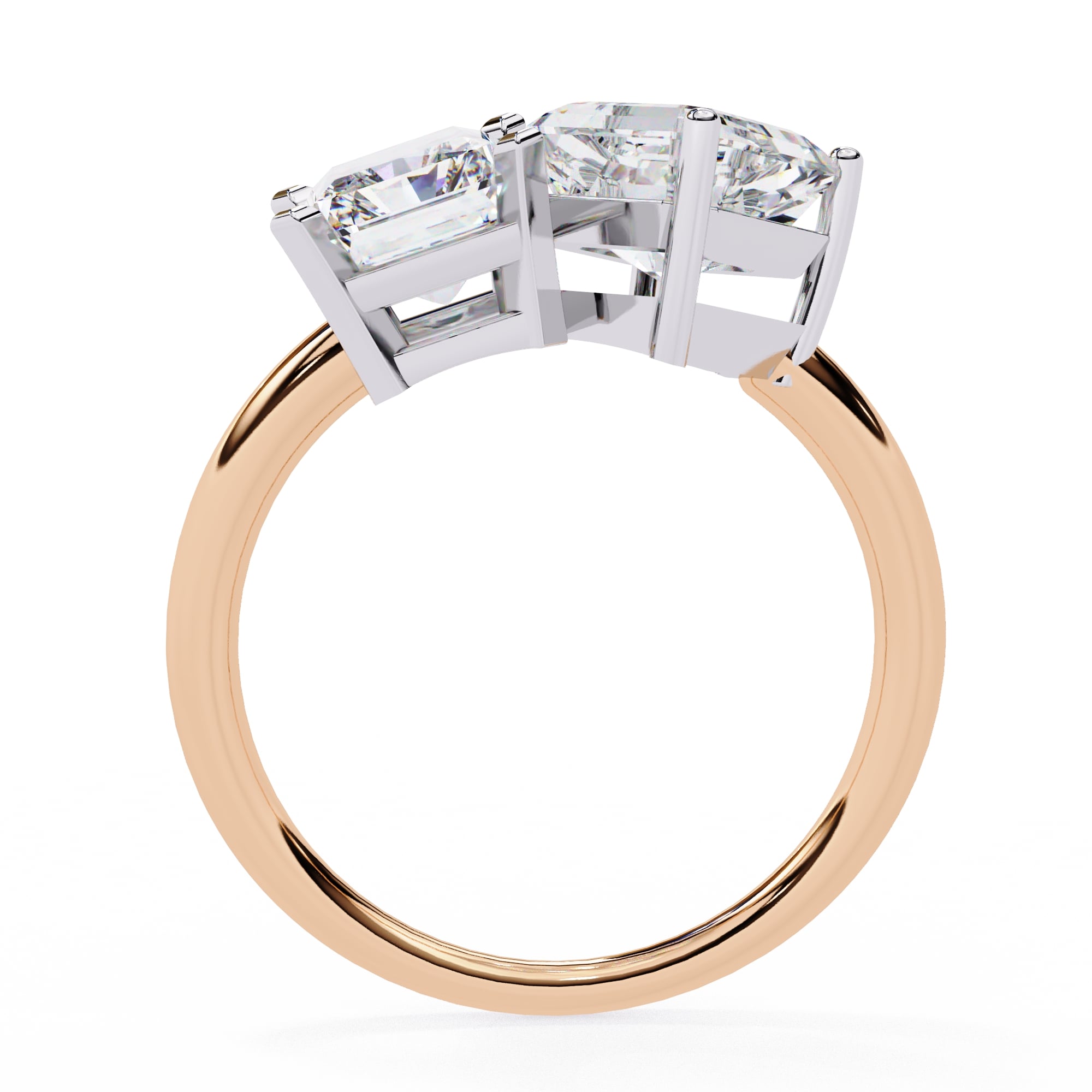 Rose gold ring with two diamond prongs on a white background