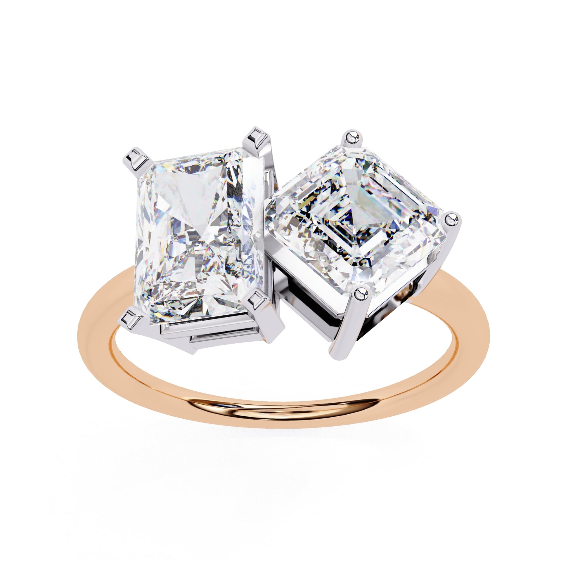 Two diamond rings with rose gold band on a white background