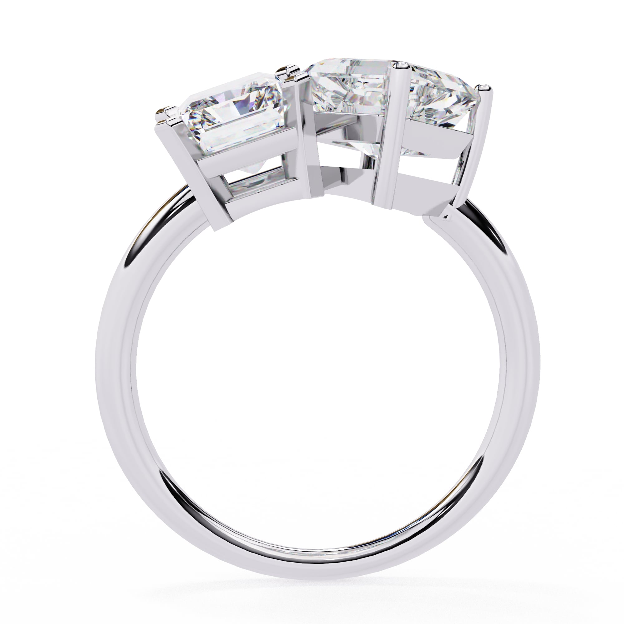 Diamond ring with three clear gemstones on a white background