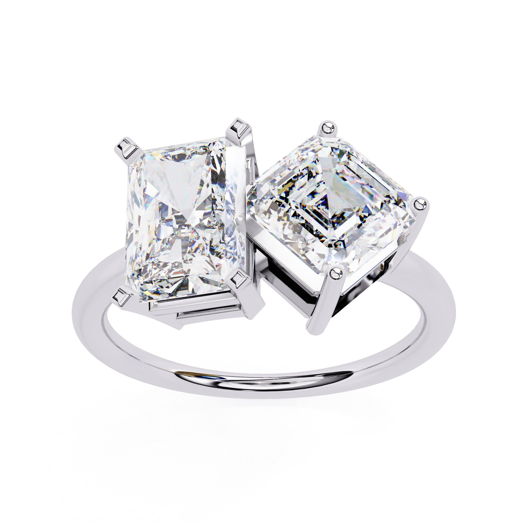 Diamond ring with two large square-cut diamonds on a white background