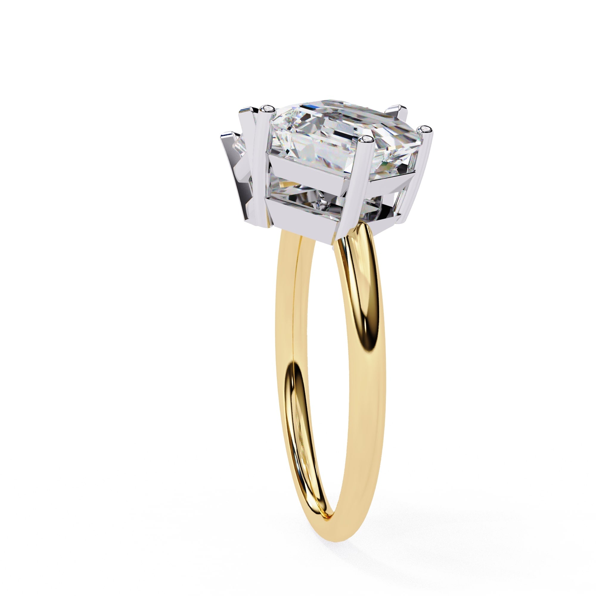 Gold ring with a large diamond on a white background