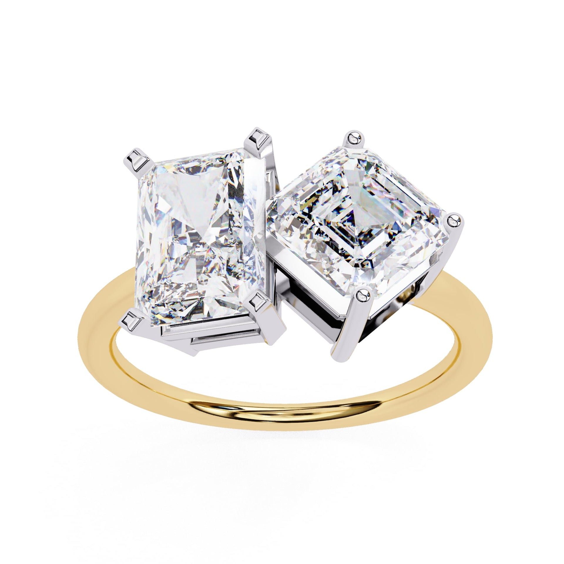 Two diamond rings with gold band on a white background