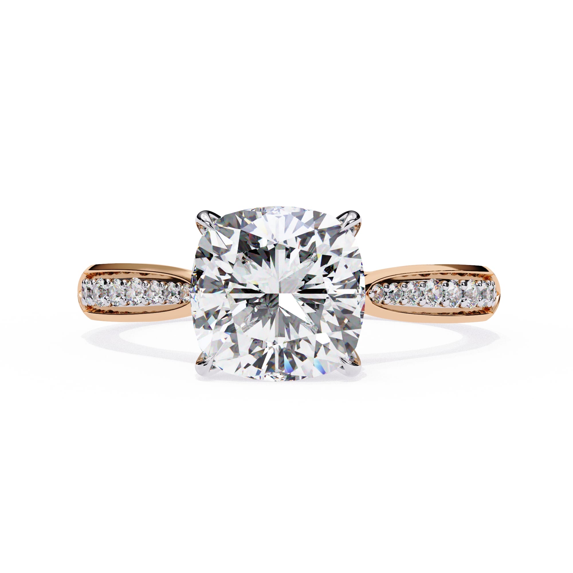 Diamond ring with rose gold band on a white background