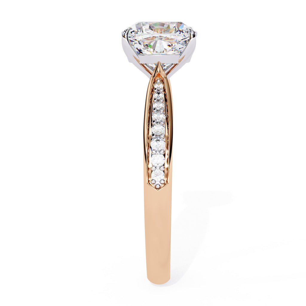 Rose gold ring with a diamond on a white background