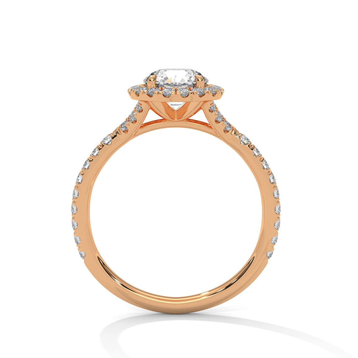 Side profile of a round cut diamond halo engagement ring in rose gold with a pave diamond band and raised gallery setting.