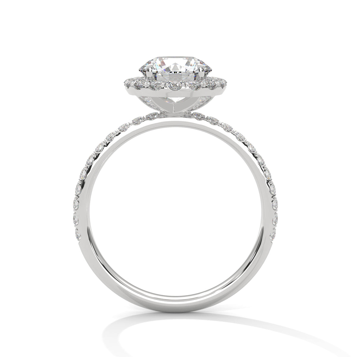 Side profile of a round cut diamond halo engagement ring in white gold with a pavé diamond band and raised halo setting.