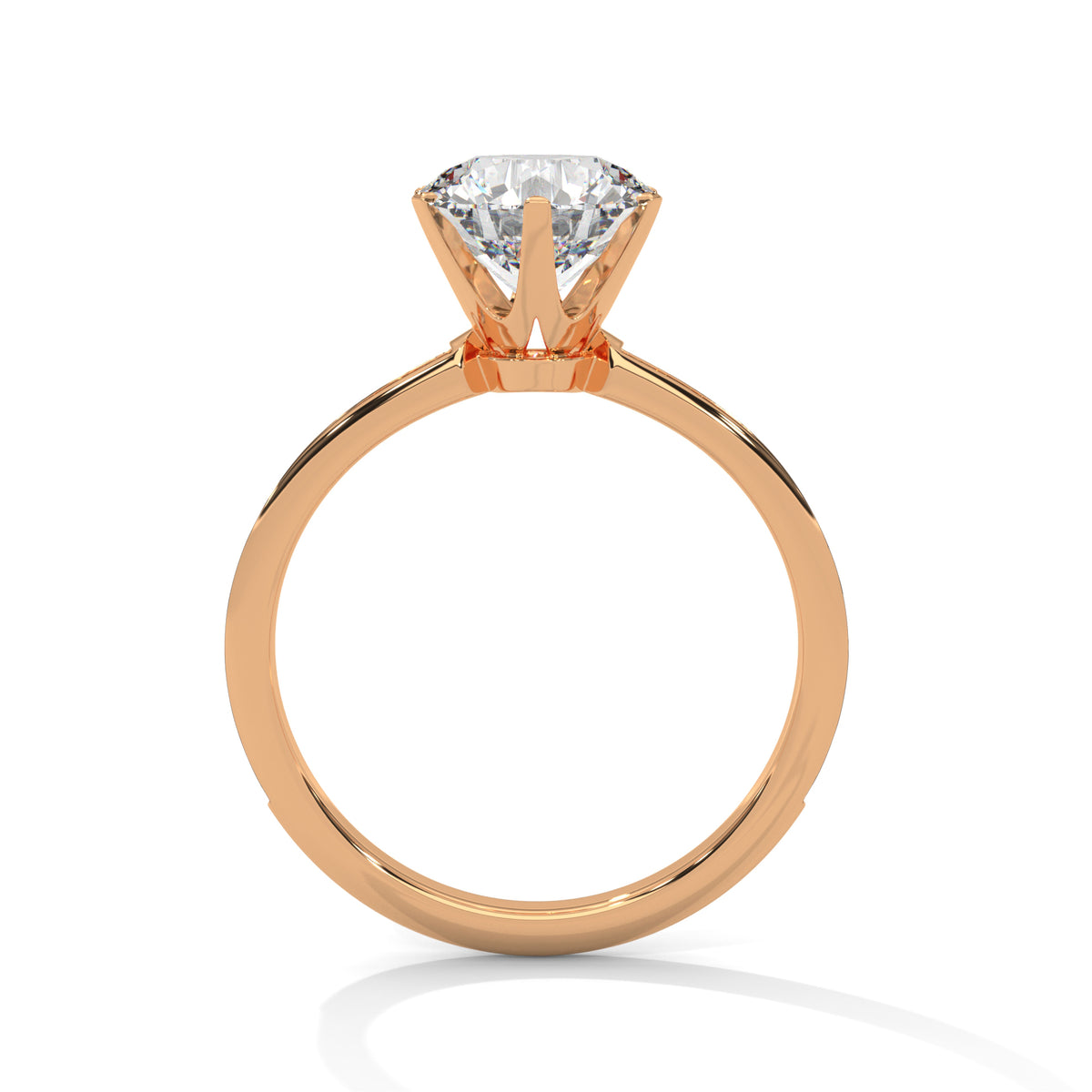 Side view of a round cut diamond pave engagement ring in rose gold with a raised prong setting on a white background.