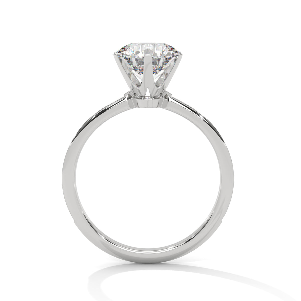 Side view of a round cut diamond pave engagement ring in white gold with a raised prong setting on a white background