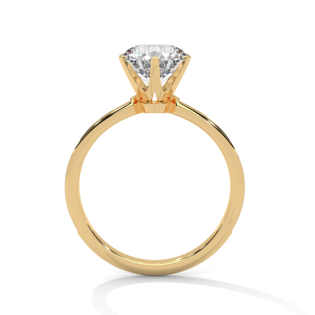 Side view of a round cut diamond pave engagement ring in yellow gold with a raised prong setting on a white background.