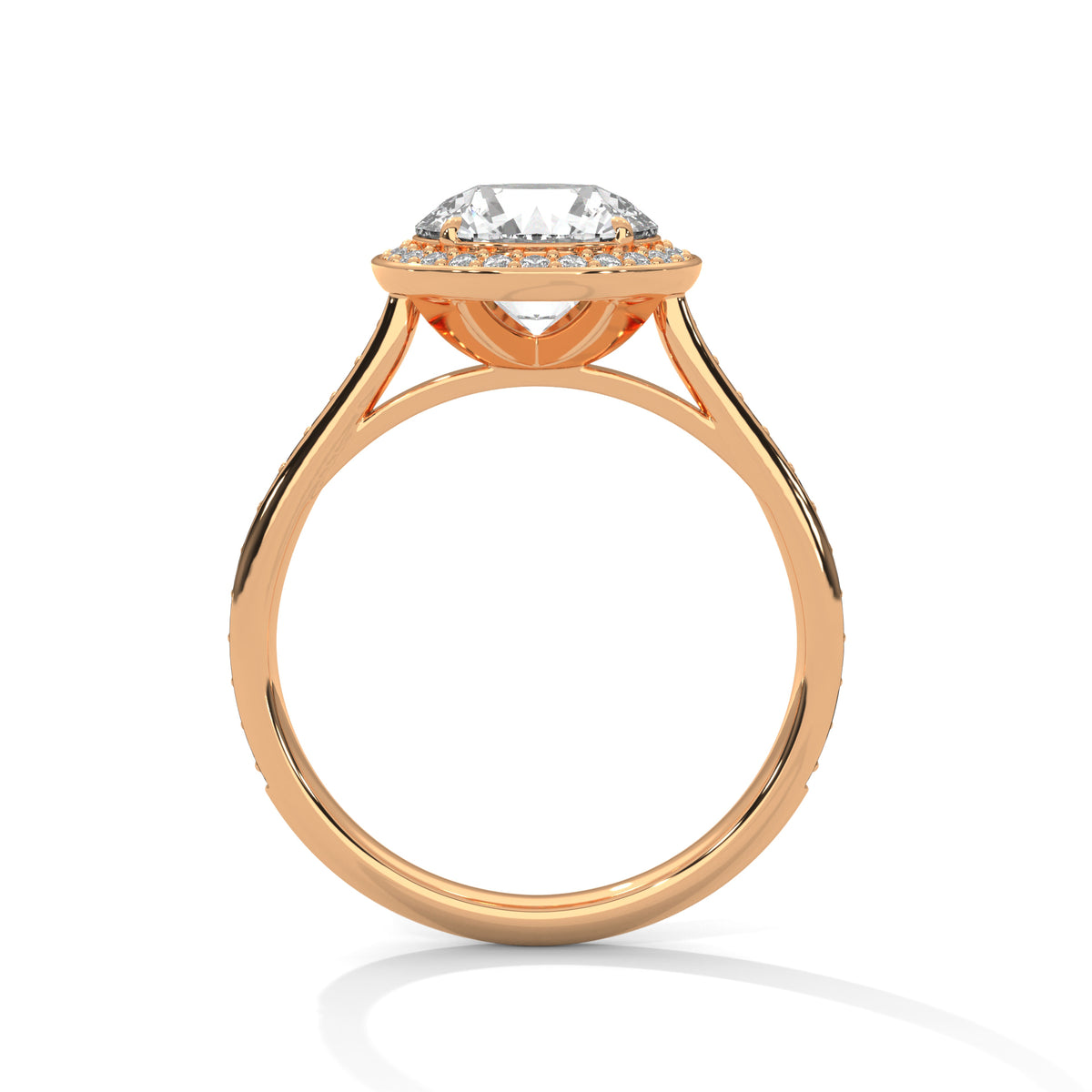 Side profile of a round cut diamond halo engagement ring in rose gold with an open gallery setting.