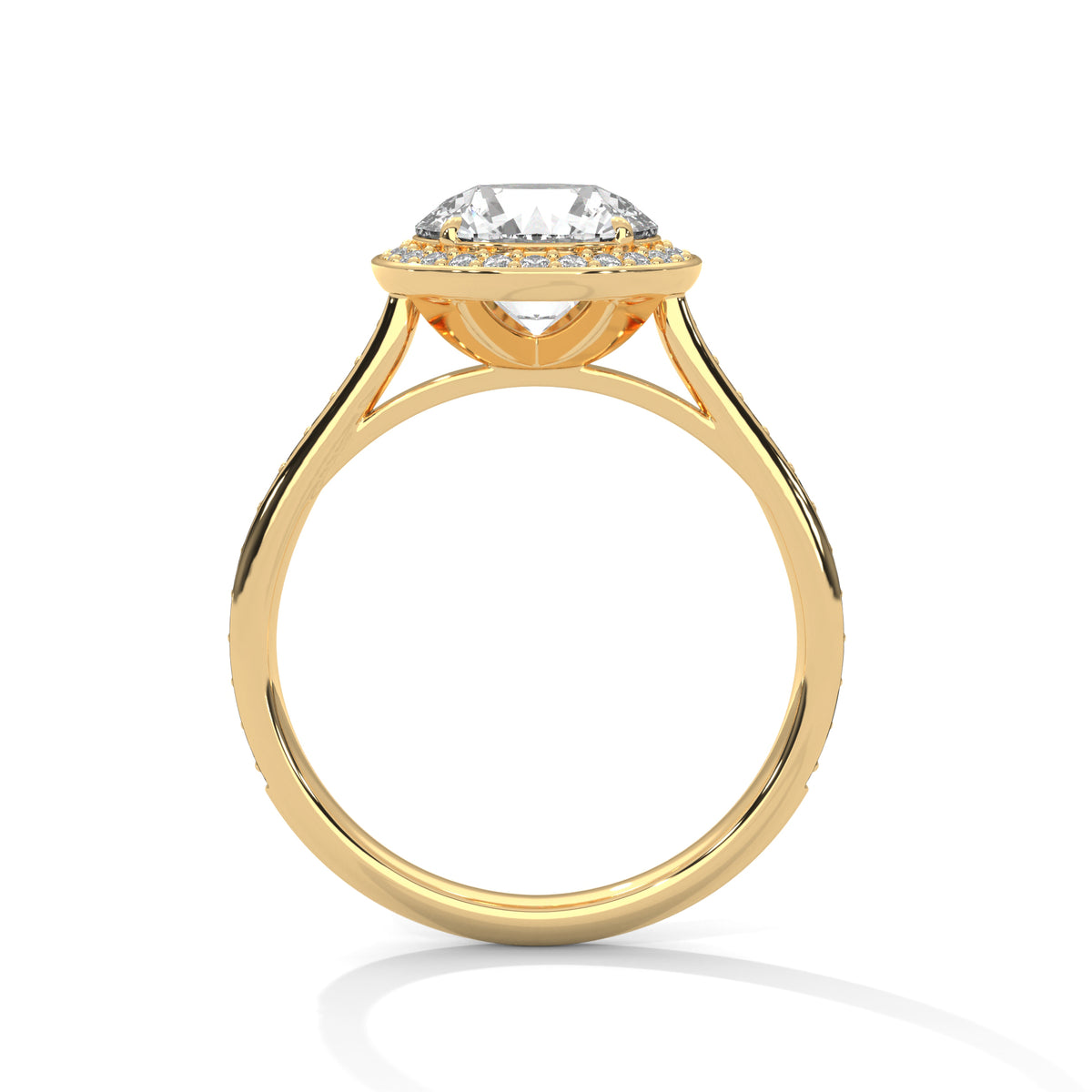 Side profile of a round cut diamond halo engagement ring in yellow gold with an open gallery setting.