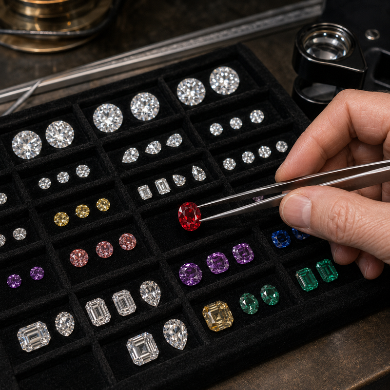 Jeweler examining gemstones with tweezers on a display tray.