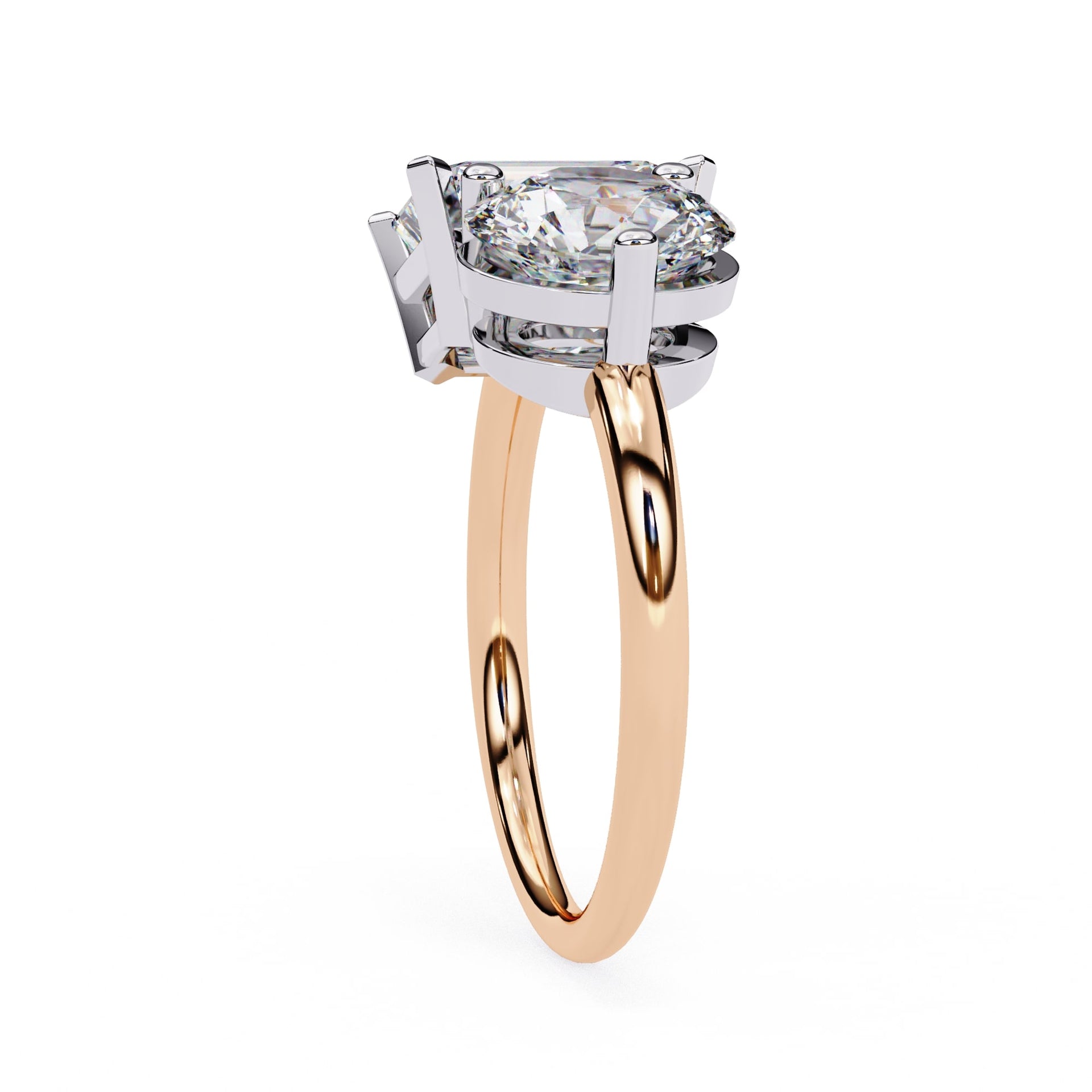 Two-tone diamond ring with rose gold band and white gold prong setting on a white background