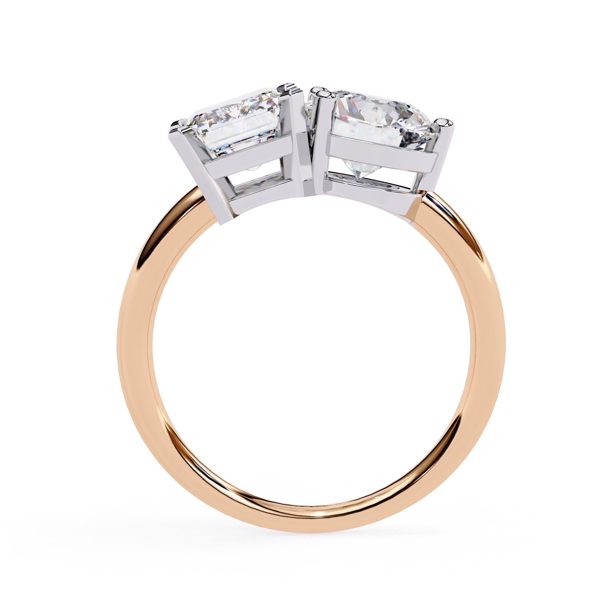 Rose gold ring with two diamond stones on a white background