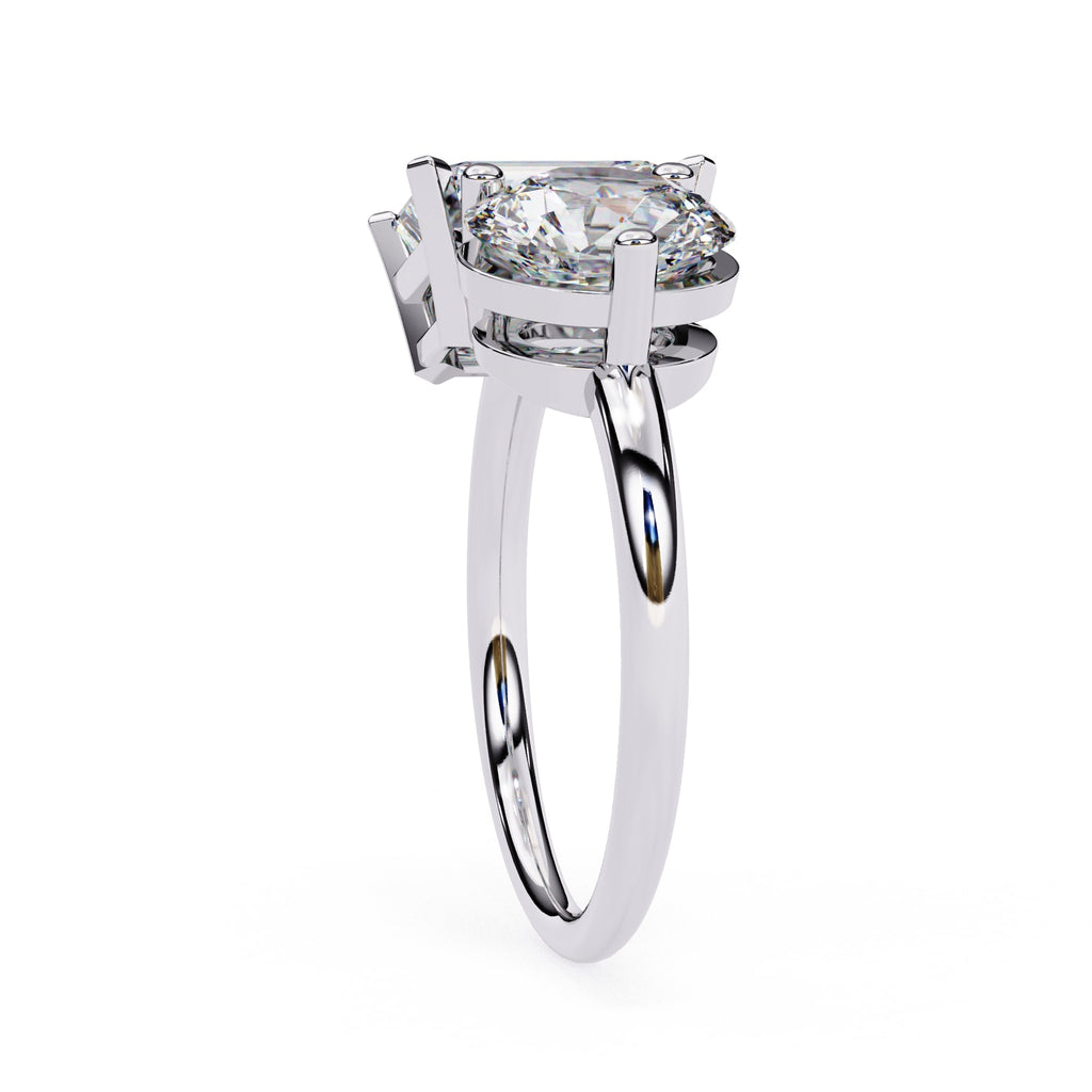 Diamond ring with a white gold band on a white background