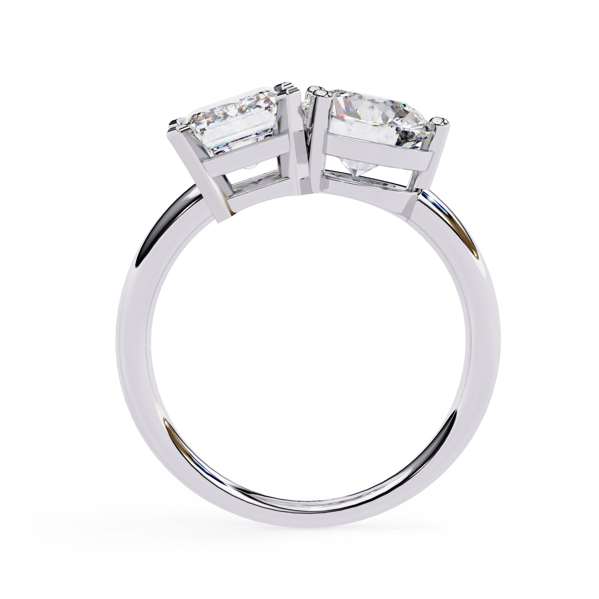 Silver ring with two diamond stones on a white background