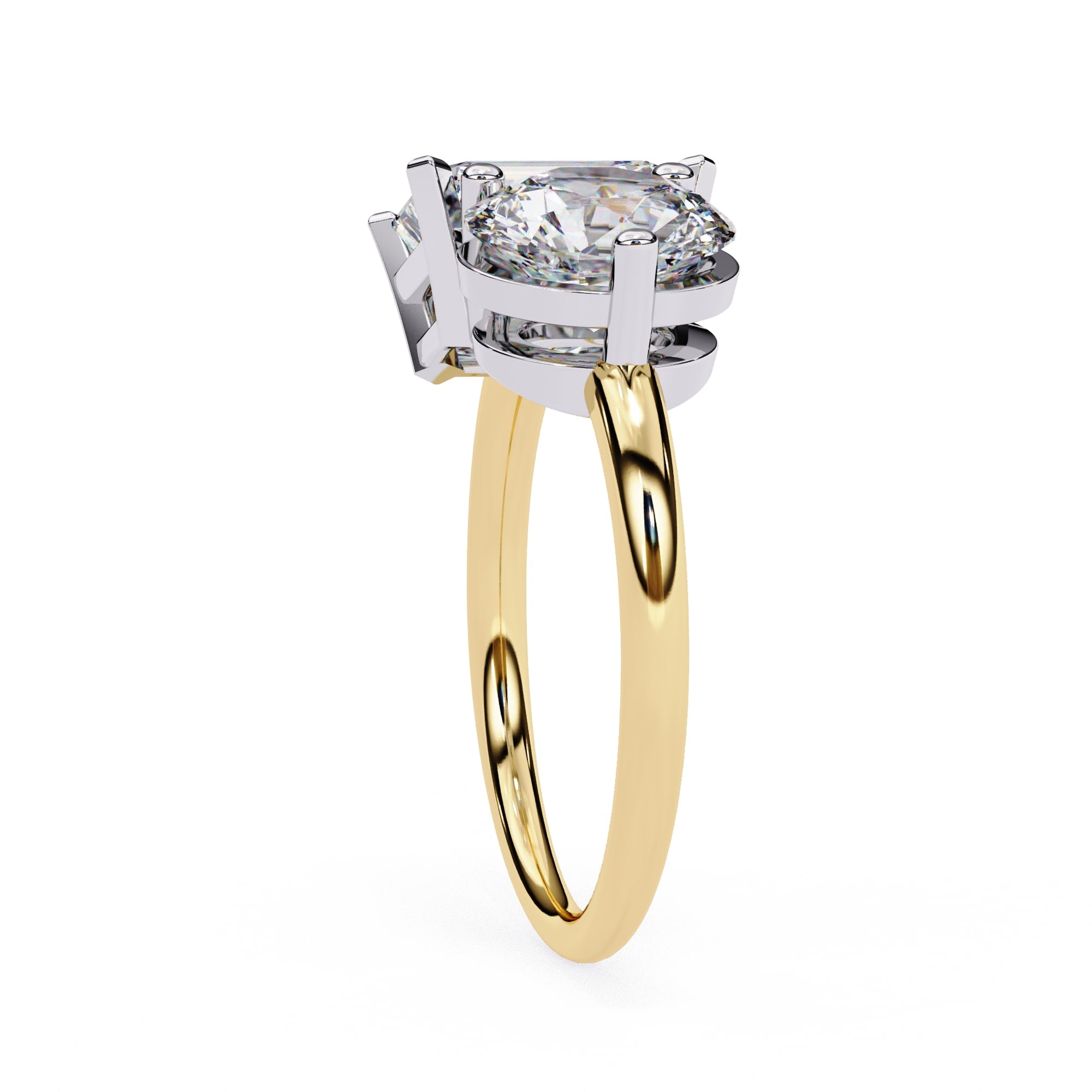 Gold and silver ring with a large diamond on a white background
