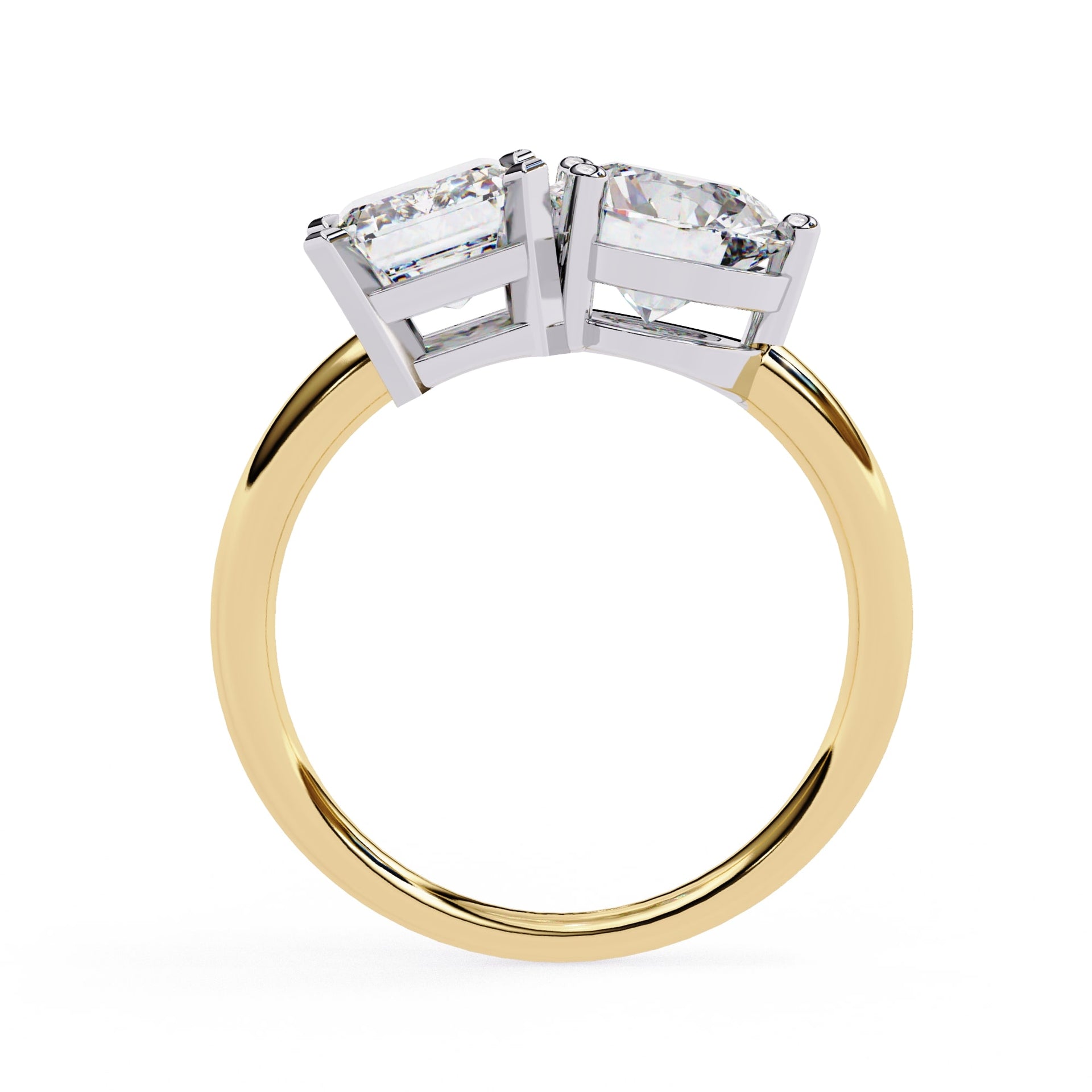 Gold ring with two diamond stones on a white background