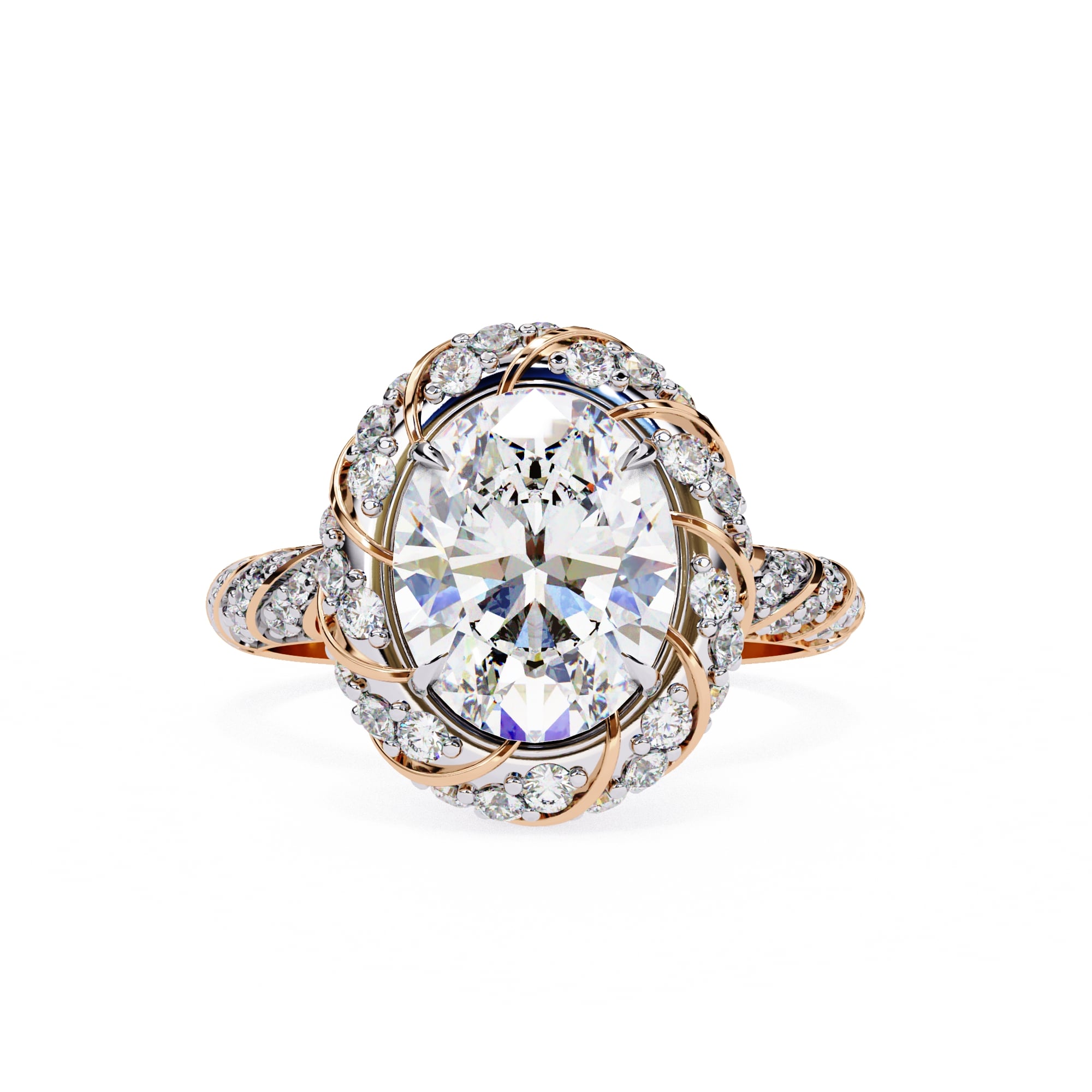 Rose gold ring with a large diamond and smaller diamonds on the band against a white background