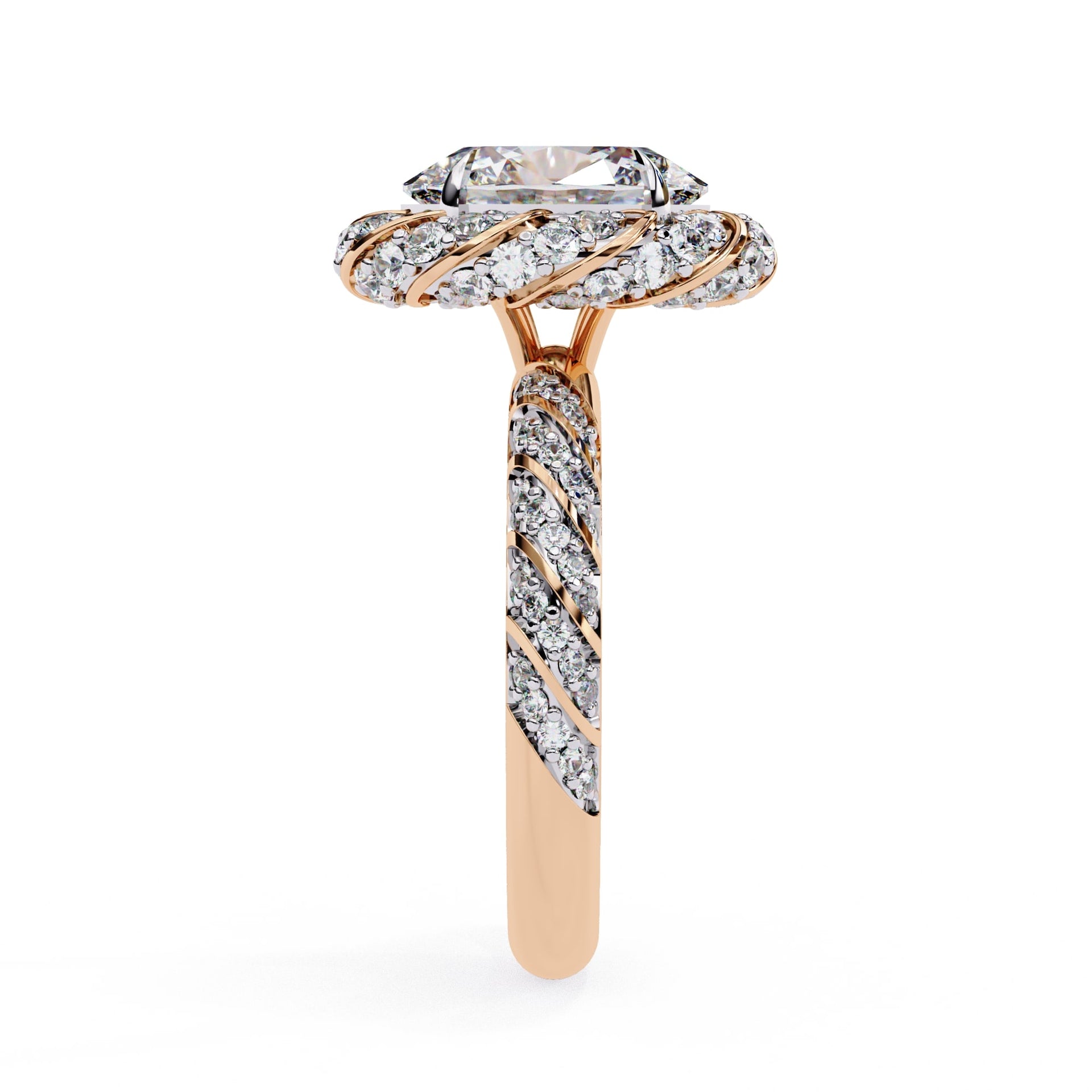 Rose gold and diamond ring on a white background