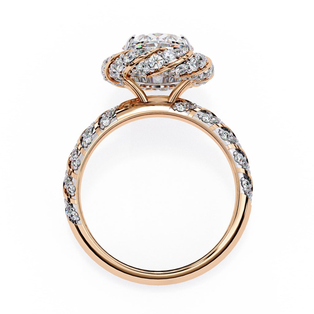Rose gold ring with diamond accents on a white background
