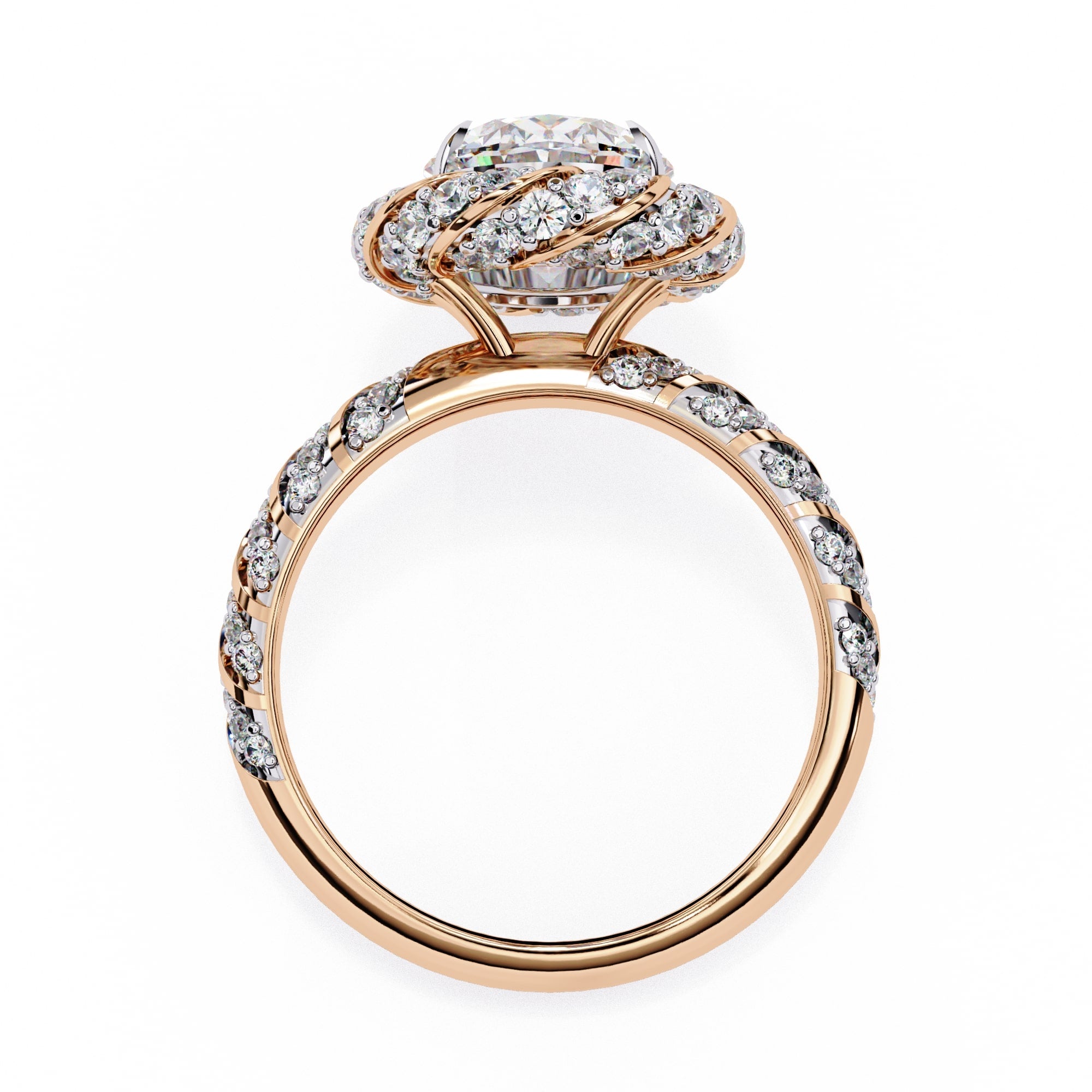Rose gold ring with diamond accents on a white background