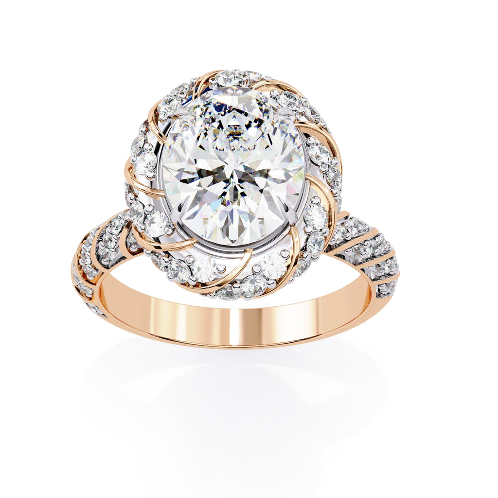 Rose gold ring with a large diamond and smaller diamonds on a white background