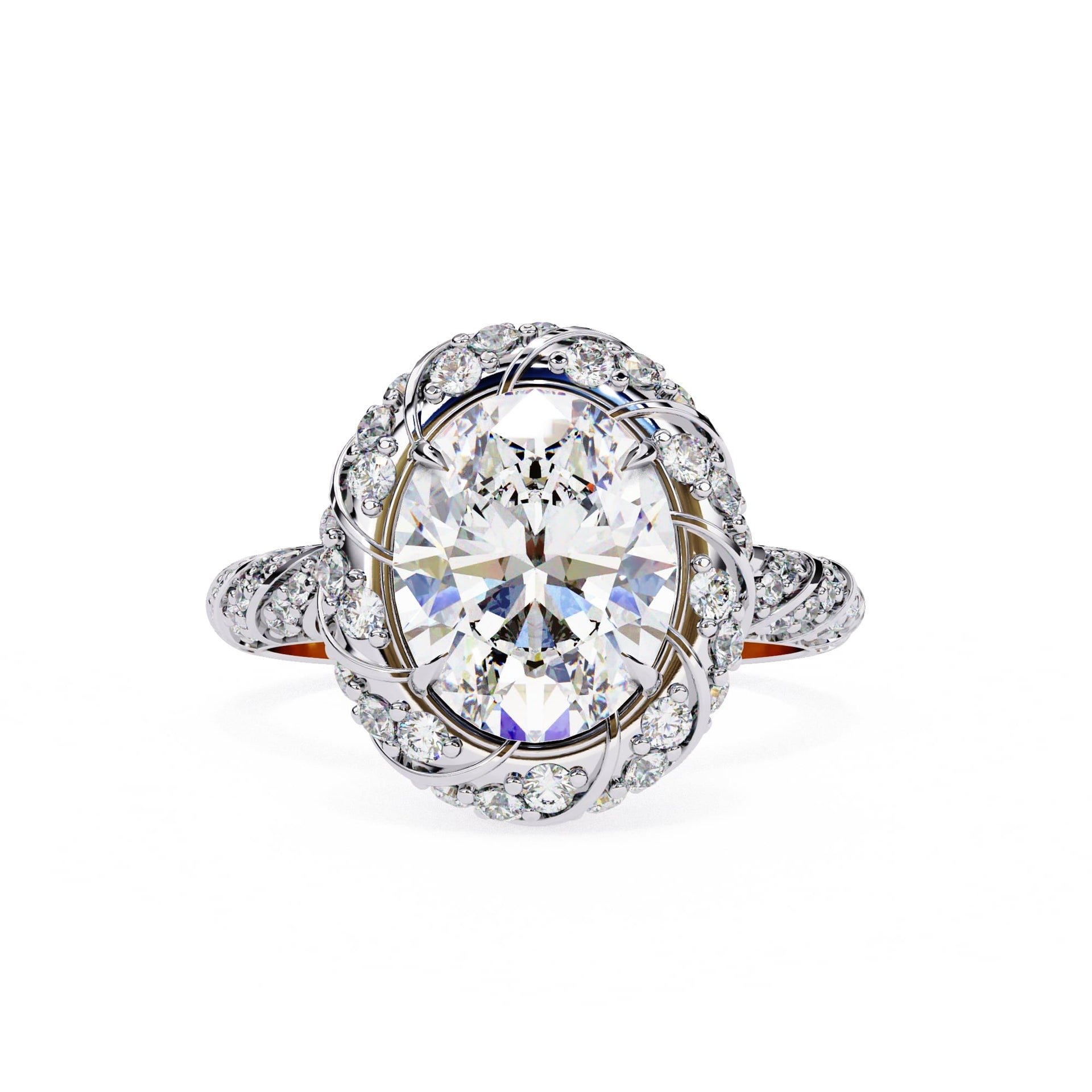 Diamond ring with intricate design on a white background