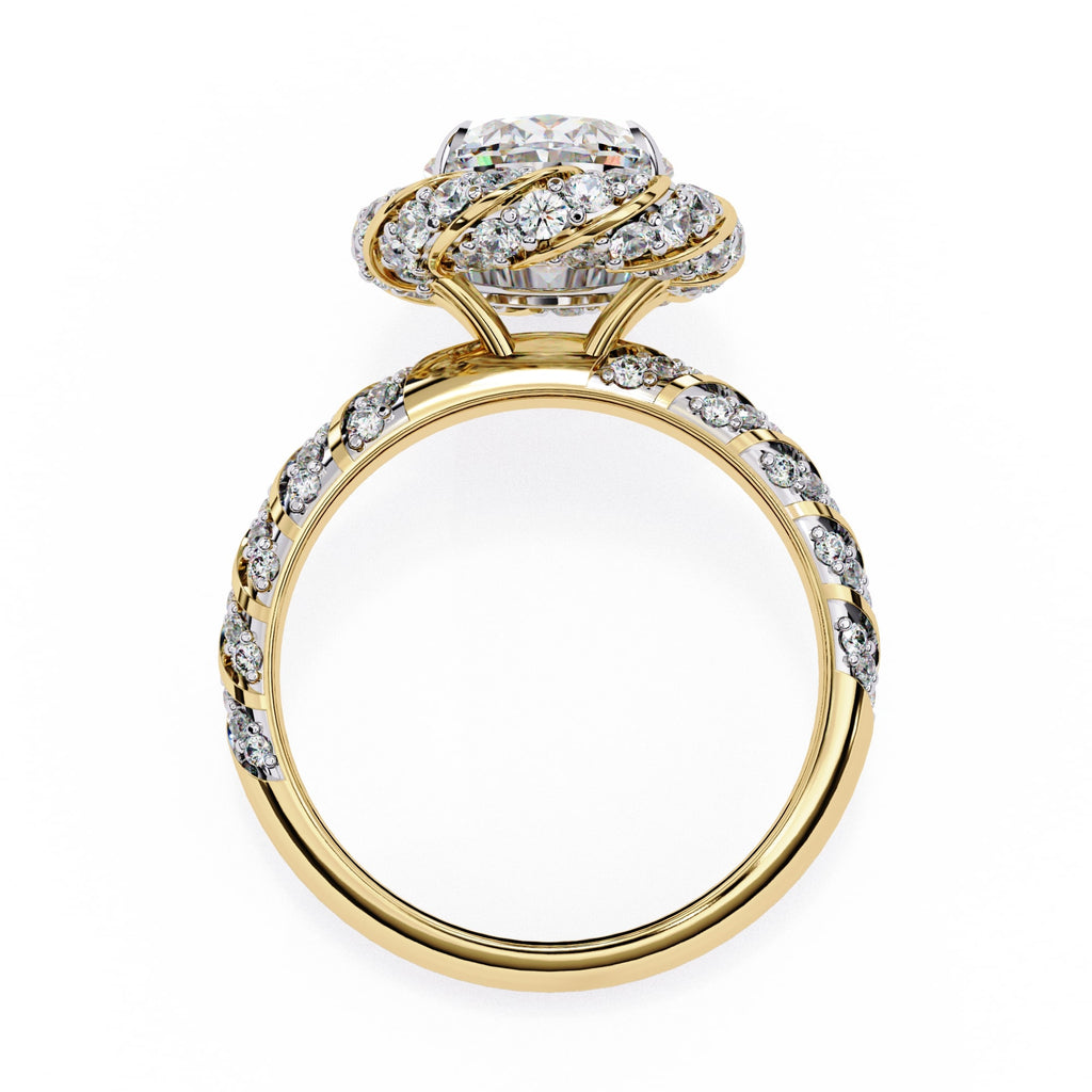 Gold ring with diamond accents on a white background