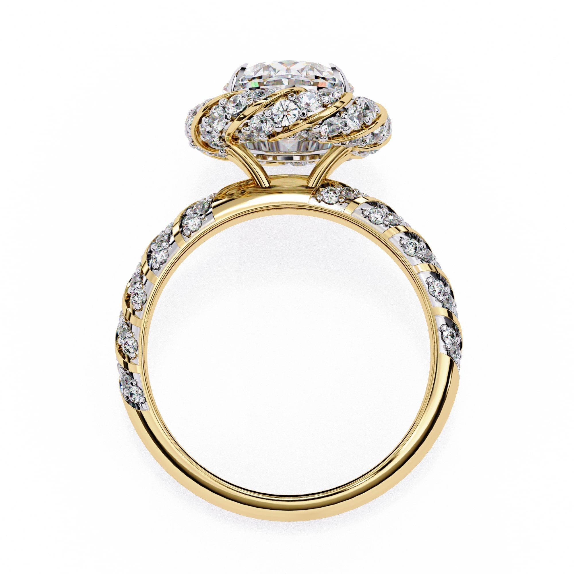 Gold ring with diamond accents on a white background